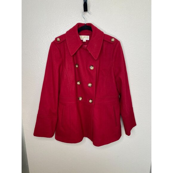 Michael Kors Womens Red Wool Blend Peacoat Size Large Double Breasted Stylish - Picture 1 of 7